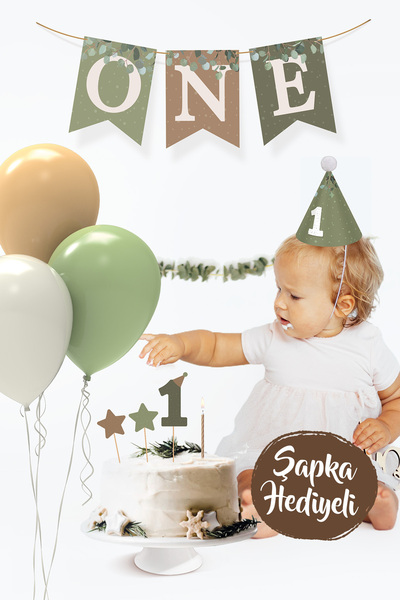 Hey Parti Okaliptus Temalı 1 Yaş Minimal Doğum Günü Parti Seti (BANNER, BALON...