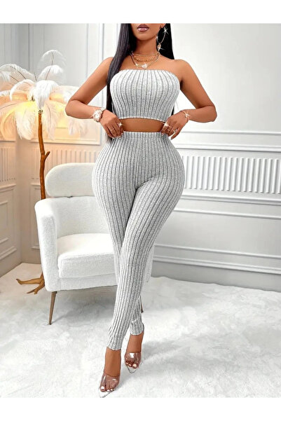 Modayakamoz Women's long sleeve strapless raised rib knit blouse front buttoned jacket and leggings pants three piece set