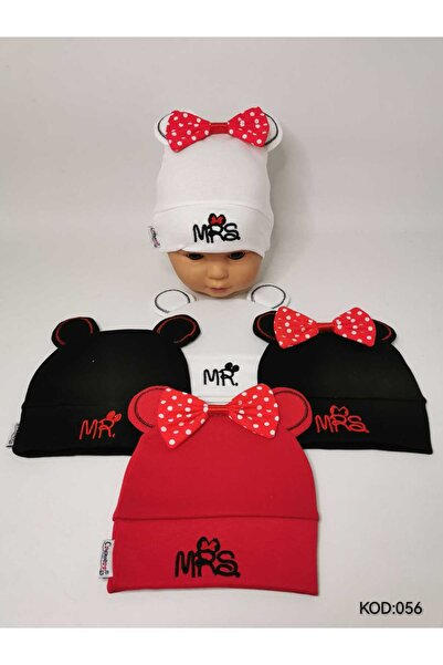anne dokunuşu gibi KUZUM BEBE Siyah Beyaz Kırmızı 3’'lü Mickey Mouse Figürlü Kız Erkek Bebek Çocuk Penye Şapka Bere