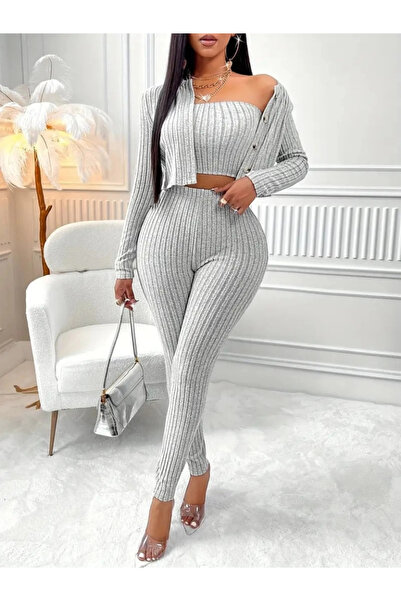Modayakamoz Women's long sleeve strapless raised rib knit blouse front buttoned jacket and leggings pants three piece set