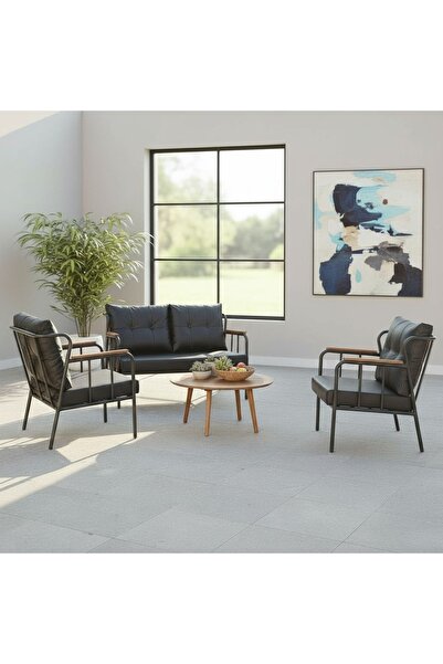 ARYANS HOME Siyah Deri Metal Ofis Koltuk Takımı Büro Koltuk Takımı Ve Kanepel...