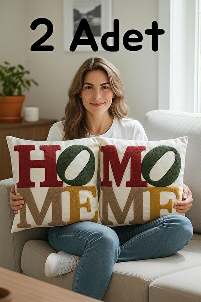 HD HOME COLLECTİON Keten Kumaş (2 Adet) Home Desen Işlemeli Punch Kırlent Kıl...