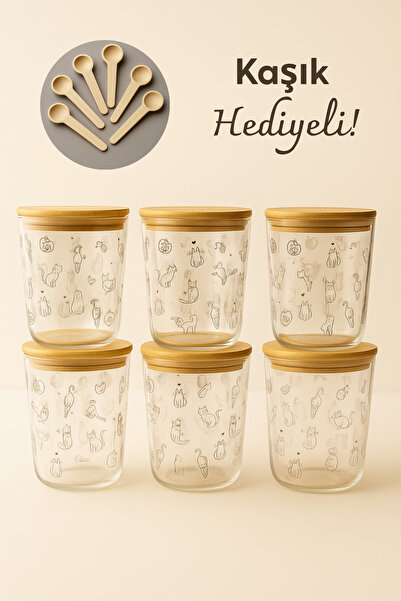 Fhilli Motto - Set of 6 Bamboo Vacuum Lid Glass Storage Containers with Cat Pattern Spice Jar Set 315 ml