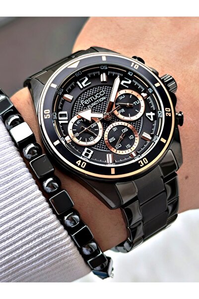 Ferrucci Siyah Renk Bronz Kasa Deri Kayışlı Erkek Kol Saati + Hematit Doğaltaş Bileklik Hediyeli