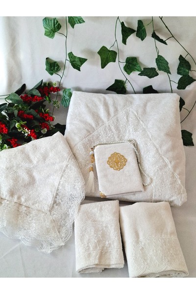 hira tasarım Velvet Prayer Rug Set 6 Pieces Laced Bridal Bundle Set Dowry Gift Prayer Rug Set