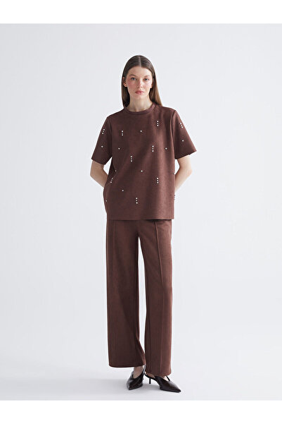 LC Waikiki Lcw Comfort Brown Suede Look Flat Trousers with Nevavm Difference