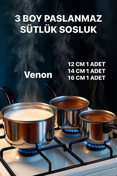 VENON 3 Piece Set Koçera Milk Jug 12-14-16 cm Dishwasher Safe, Lifetime Warranty 430 Stainless Steel