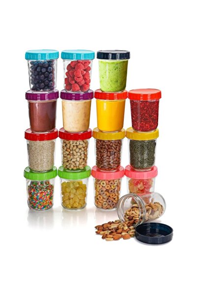 Belle Vous Set of 16 jars, Belle Vous, glass, 350 ml, colored lids, leak-proof, BPA-free, Transparent