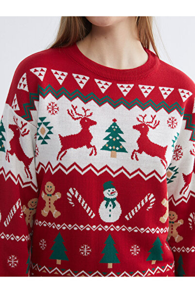 LC Waikiki Özmarka Yeni Sezon Bisiklet Yaka Yılbaşı Temalı Kadın Triko Kazak