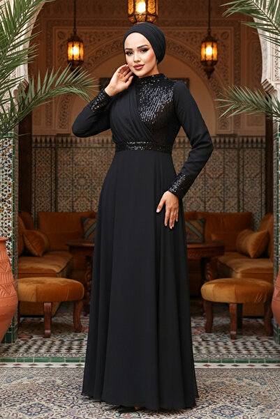Neva Style Rochie de seara musulmana neagra brodata cu paiete 5793s