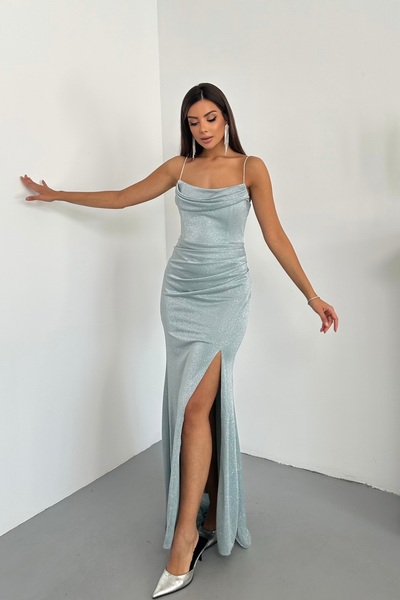 İyem Abiye Simli Kumaş Ve Parlak Taş Askılı Abiye Elbise Dar Kalıp