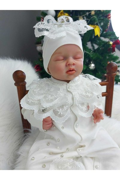 Şeker Tadında Tasarımlar Guipure and Pearl Detailed Baby Girl Romper Set, Religious Ceremony Outfit
