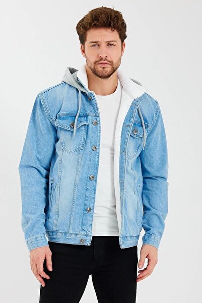 DAMGA JEANS Içi Kürklü Kapüşonlu Kot Mont Buz Mavi