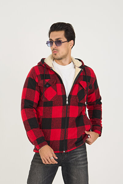 DAMGA JEANS Men's Oversize Fur Lined Hooded Plaid Red Lumberjack Jacket