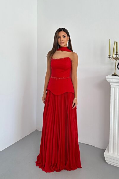 İyem Abiye Piliseli Krep İşlemeli Alt Şifon Tek Parça Şallı Abiye Elbise Dar ...