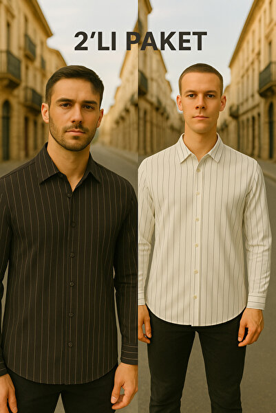 DAMGA JEANS Ανδρικό καλοκαιρινό πουκάμισο με ριγέ μακρυμάνικο 2 πακέτο