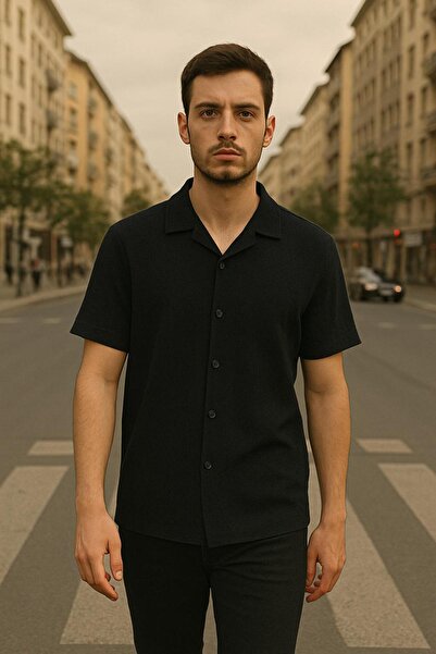 DAMGA JEANS Ανδρικό κοντομάνικο Basic καλοκαιρινό μαύρο φαρδύ πουκάμισο