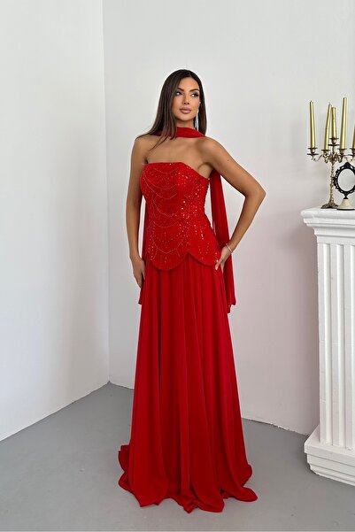 İyem Abiye Şallı Ve Etek Görünümlü Üst Pano Desen Abiye Elbise Dar Kalıp