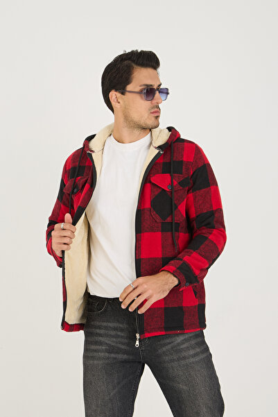 DAMGA JEANS Men's Oversize Fur Lined Hooded Plaid Red Lumberjack Jacket