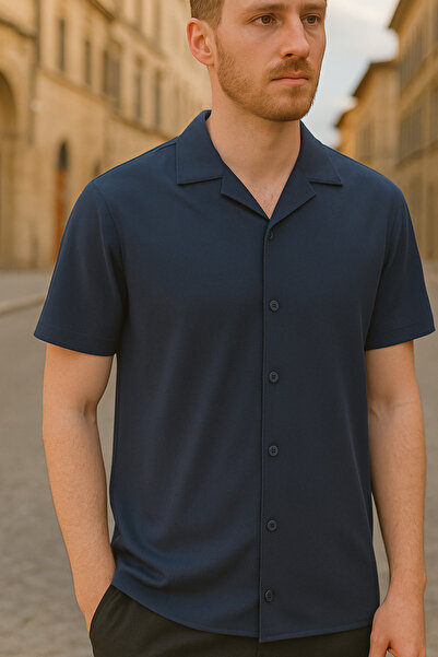 DAMGA JEANS Men's Casual Summer Short Sleeve Basic Navy Shirt
