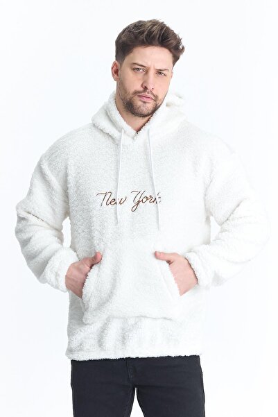 DAMGA JEANS Hanorac alb cu glugă pentru bărbați cu buzunar cangur