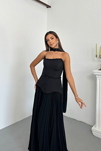 İyem Abiye Piliseli Krep İşlemeli Alt Şifon Tek Parça Şallı Abiye Elbise Dar ...