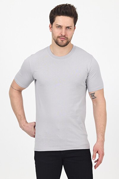 DAMGA JEANS Erkek Pamuklu Bisiklet Yaka Kısa Kollu Dar Yazlık Krem - Siyah - Gri 3 Lü Basic Tişört Paketi