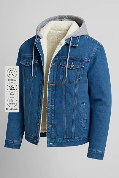 DAMGA JEANS معطف جينز رجالي كبير الحجم بغطاء للرأس باللون الأزرق