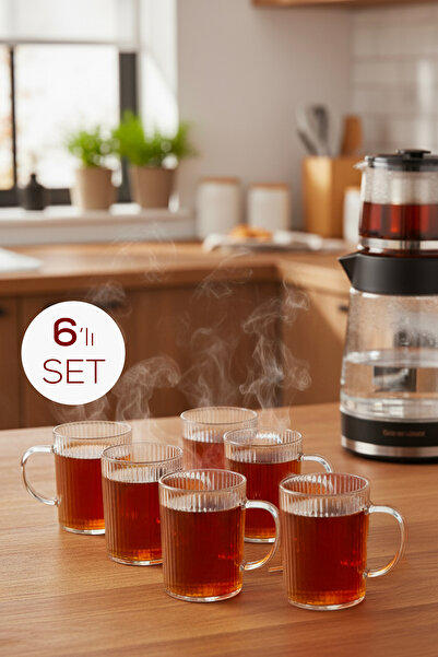 Vienev 6'lı Çizgili Desenli Kulplu Cam Bardak - 200 ml Cam Çay Bardağı