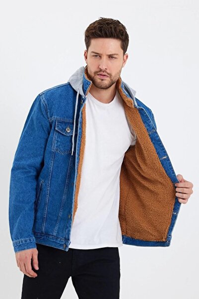 DAMGA JEANS Džínový kabát s kapucí s kožešinou antracitově modrý