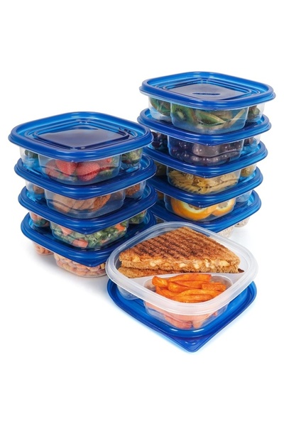 FRESHLY CONTAINED Set de 10 recipiente alimentare, 2 compartimente, 620 ml, plastic, fără BPA, reutilizabile, albastru/transparent