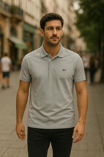 DAMGA JEANS Ανδρικό κοντομάνικο μπλουζάκι με βασικό γκρι φαρδύ γιακά πόλο