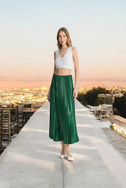 DAMGA JEANS Fusta lungă de rugăciune pentru femei, maxi plisată, verde