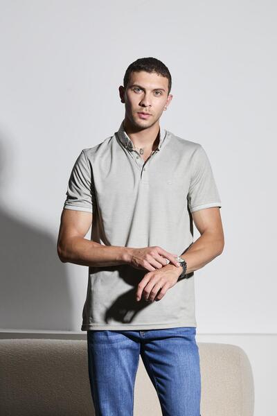 DAMGA JEANS Tricou cu mânecă scurtă pentru bărbați, cu guler polo, gri, din in