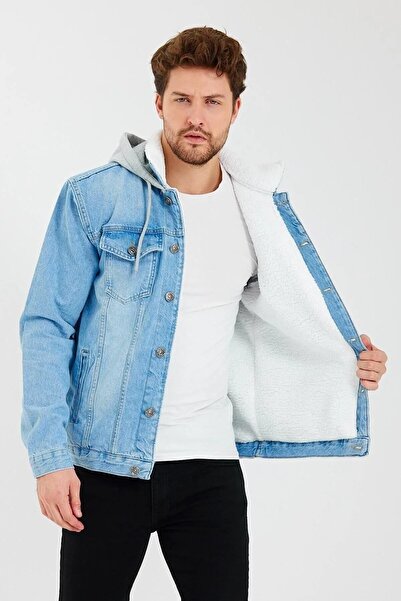 DAMGA JEANS Içi Kürklü Kapüşonlu Kot Mont Buz Mavi