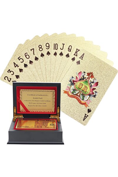 KURTZY Set de cărți de joc poker, premium, folie aurie impermeabilă, 9,5x12,5x5 cm, cutie de lemn cu certificat
