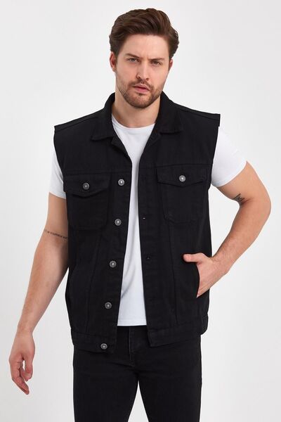 DAMGA JEANS Comfortable Pattern Text Printed Denim Buttoned Denim Vest Black