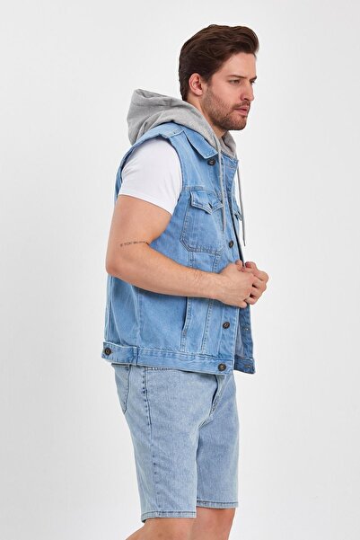 DAMGA JEANS Rahat Kalıp Denim Kapüşonlu Kot Yelek Buz Mavi
