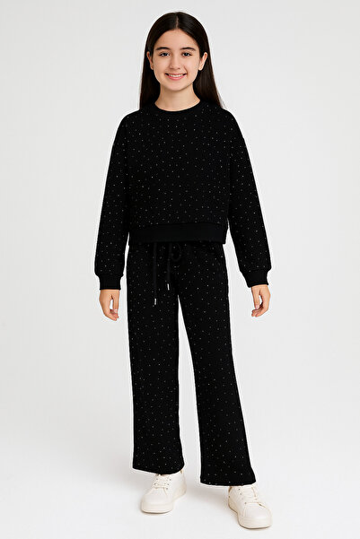Şekerkids Girl's Black Color Combed Cotton Fabric Stone Embroidered Top and Bottom Set