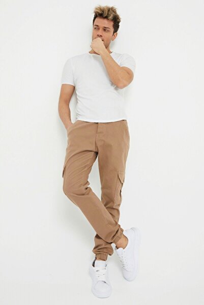 DAMGA JEANS Erkek Lastikli Paça Yüksek Bel Camel Kargo Cepli Pantolon