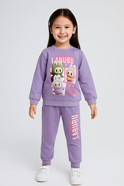 Şekerkids Girl's Two Thread Cotton Fabric Lilac Color Labubu Patterned Tracksuit Set