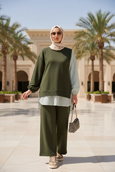 Aselim Hijap Moda Διπλό Σετ Πουκάμισο με Λεπτομέρεια Τουνίκ | Πράσινο με τσέπες, φαρδιά πόδια και τουνίκ