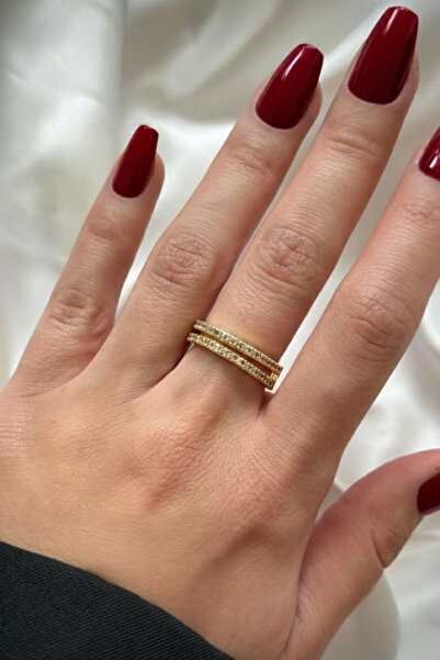 EKİDORA Taşlı Çift Sıra Kadın Çelik Yüzük Ayarlanabilir Altın ve Gümüş Renk Takı