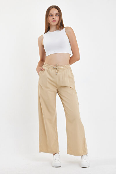 DAMGA JEANS Βαμβακερό κρεμ φαρδύ παντελόνι - Καλοκαίρι, ελαστική μέση, φαρδύ ...