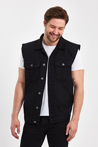 DAMGA JEANS Comfortable Pattern Text Printed Denim Buttoned Denim Vest Black