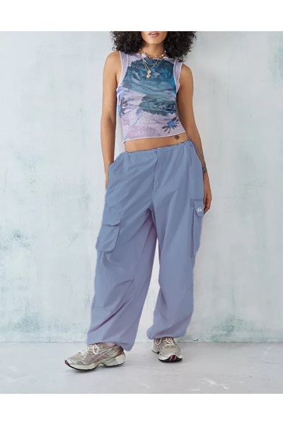 september island Blue Color Adjustable Waist and Leg Detail Oversized Cargo Pocket Piece Pants