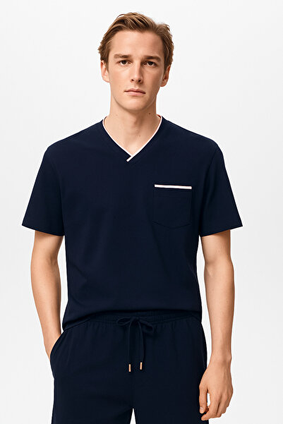 Katia&Bony Men's Silver Pocketed Short Sleeve Pajama Top Navy Blue