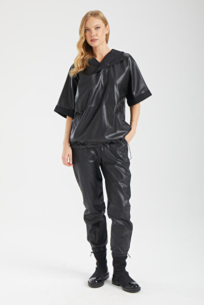 IMBUE بنطلون جوجر أسود من الجلد المطفي مع بطانة قطنية داخلية وحشوة