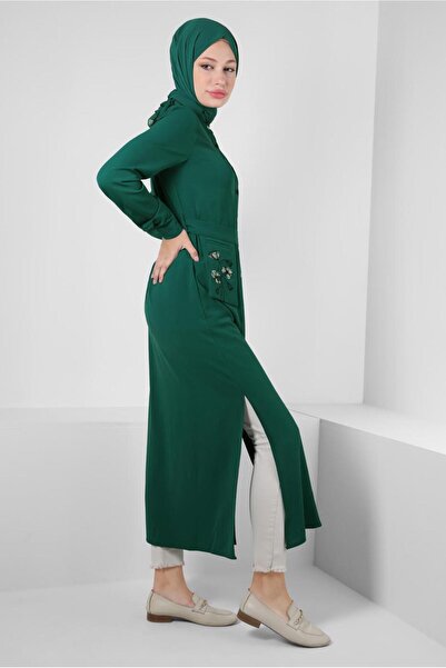 Alvina FLOWER EMBROIDERED BUTTONED BELTED LONG TUNIC 43732