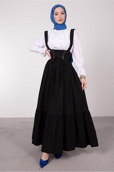 TRENDTESETTÜR Women's Black Belted Lace-Up Detail Salopet Dress t 60042